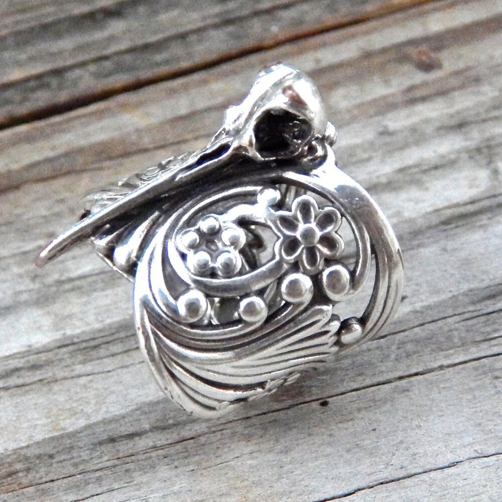 HUMMINGBIRD SKULL RING - Sterling Silver - ADJUSTABLE - Handmade